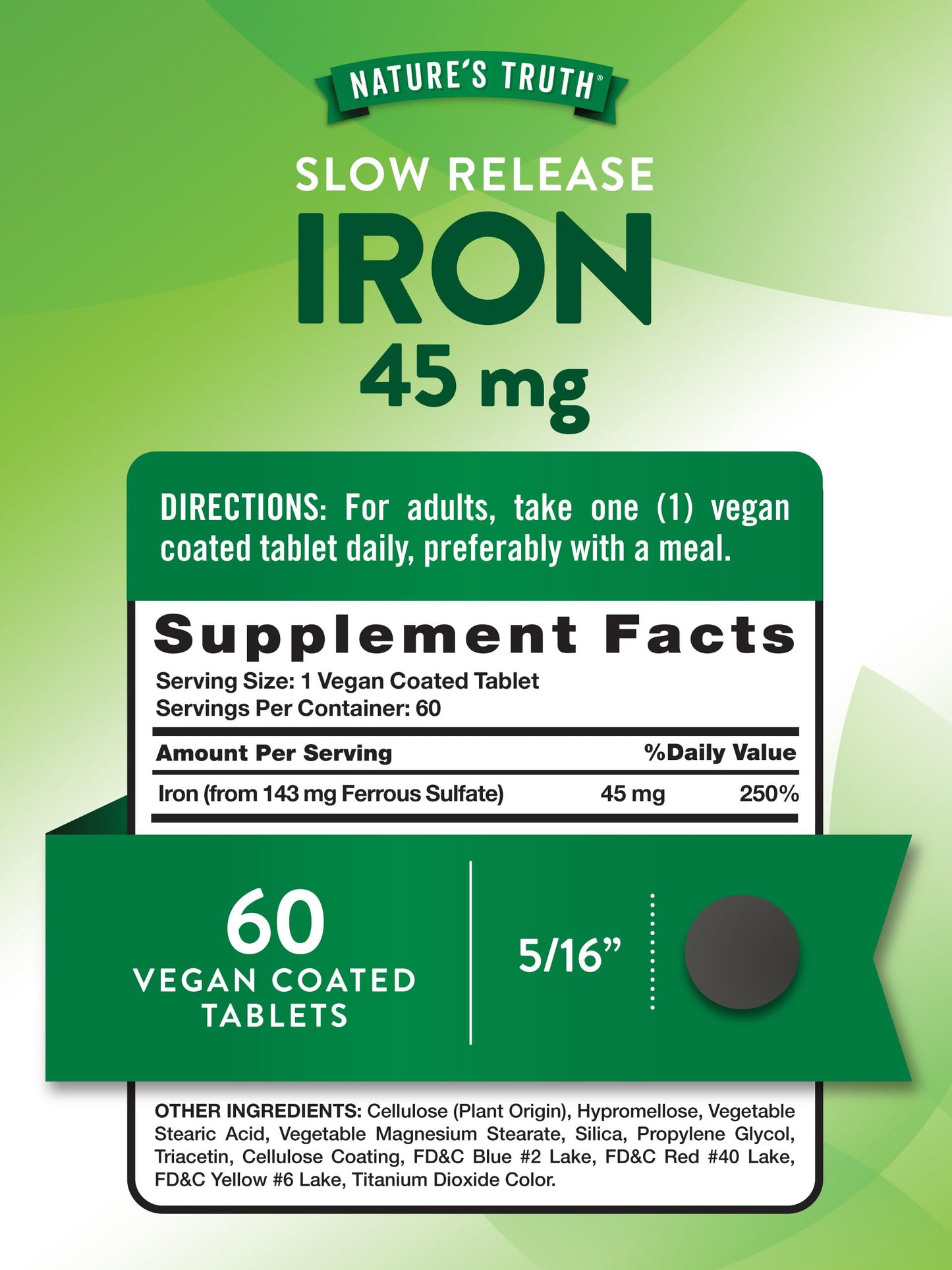 Nature's Truth Iron Supplement – 45 mg, 60 Pills, Ferrous Sulfate | Non-GMO & Gluten Free