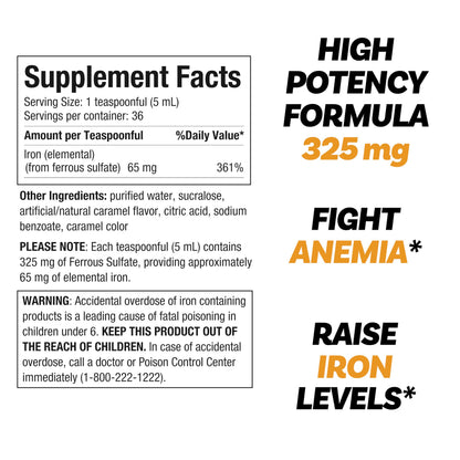 Llorens Care Ferrous Sulfate Liquid Iron 325mg – 65mg Elemental Iron, 6 oz Caramel