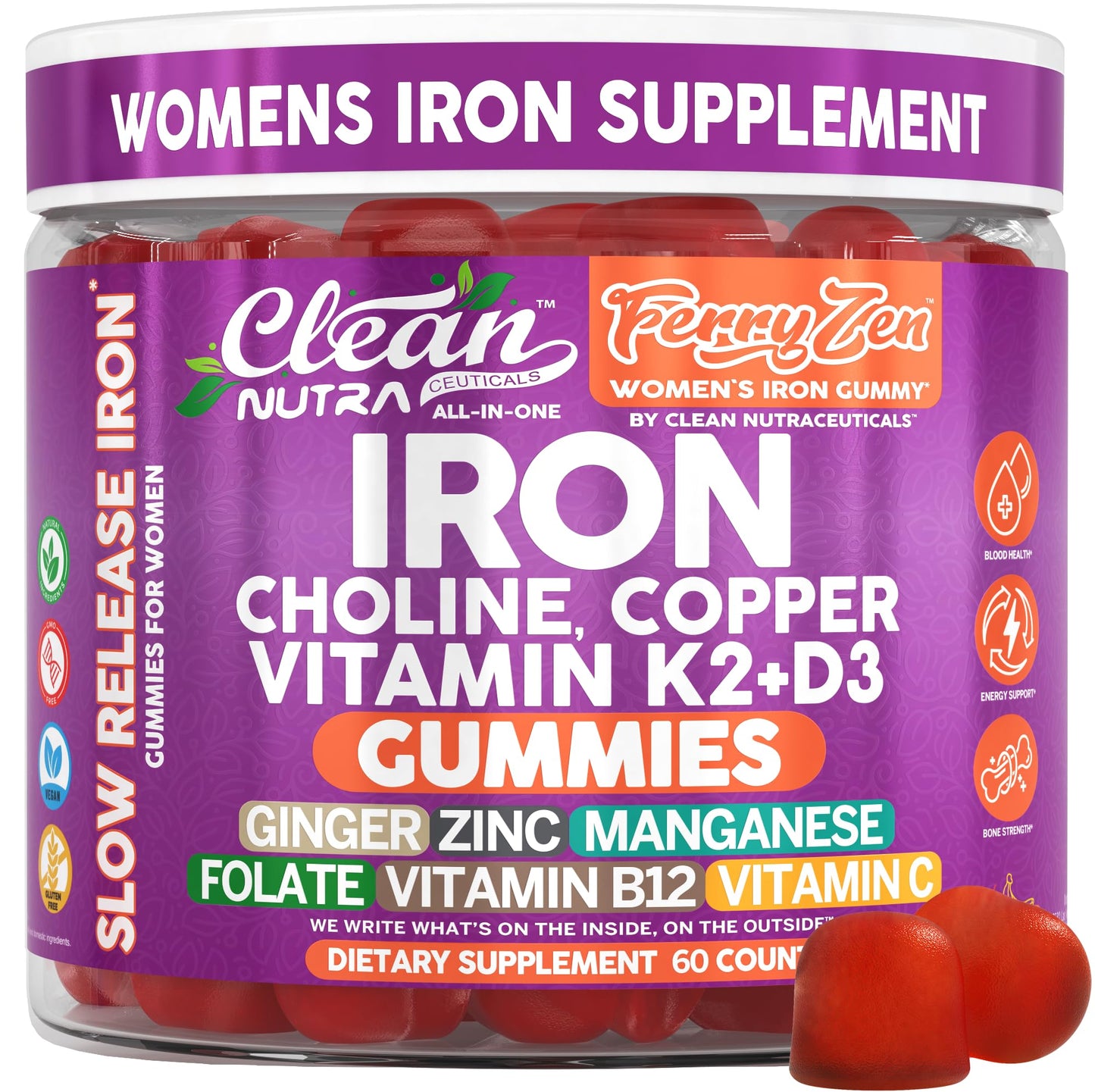 Clean Nutra FerryZen Iron Gummies for Women – Vegan, Slow-Release Iron with Choline, Copper, Vitamins K2 and D3 (60 Count)