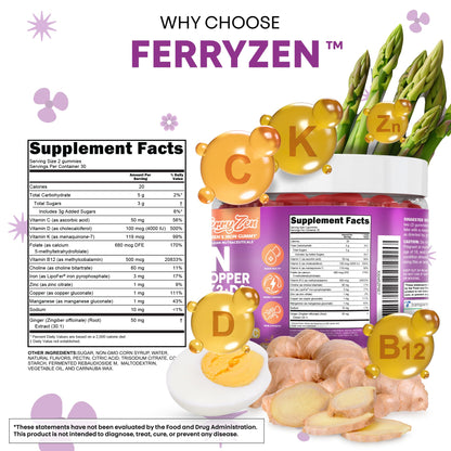 Clean Nutra FerryZen Iron Gummies for Women – Vegan, Slow-Release Iron with Choline, Copper, Vitamins K2 and D3 (60 Count)