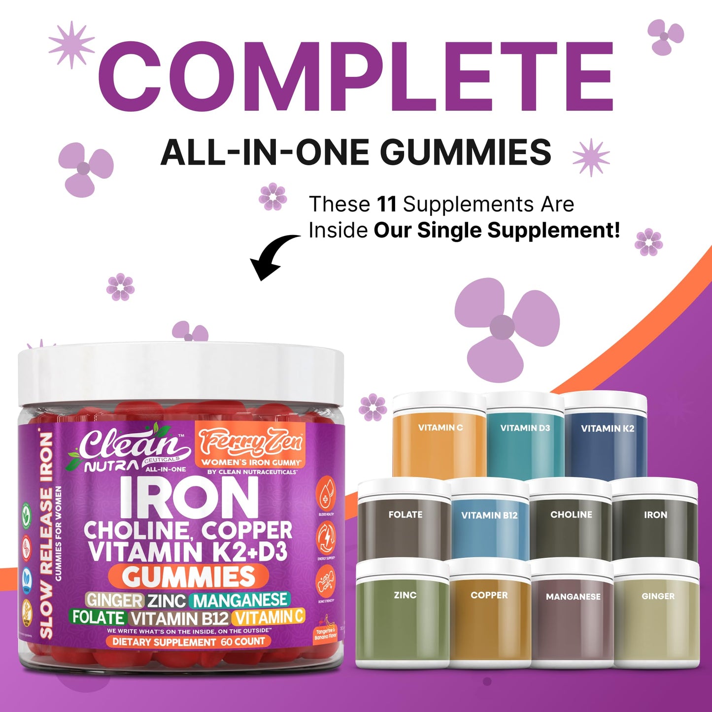 Clean Nutra FerryZen Iron Gummies for Women – Vegan, Slow-Release Iron with Choline, Copper, Vitamins K2 and D3 (60 Count)