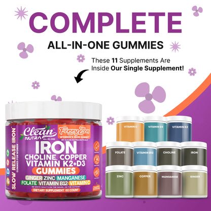 Clean Nutra FerryZen Iron Gummies for Women – Vegan, Slow-Release Iron with Choline, Copper, Vitamins K2 and D3 (60 Count)