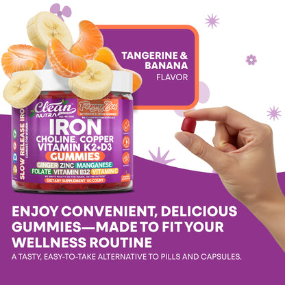 Clean Nutra FerryZen Iron Gummies for Women – Vegan, Slow-Release Iron with Choline, Copper, Vitamins K2 and D3 (60 Count)