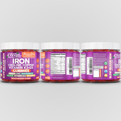Clean Nutra FerryZen Iron Gummies for Women – Vegan, Slow-Release Iron with Choline, Copper, Vitamins K2 and D3 (60 Count)