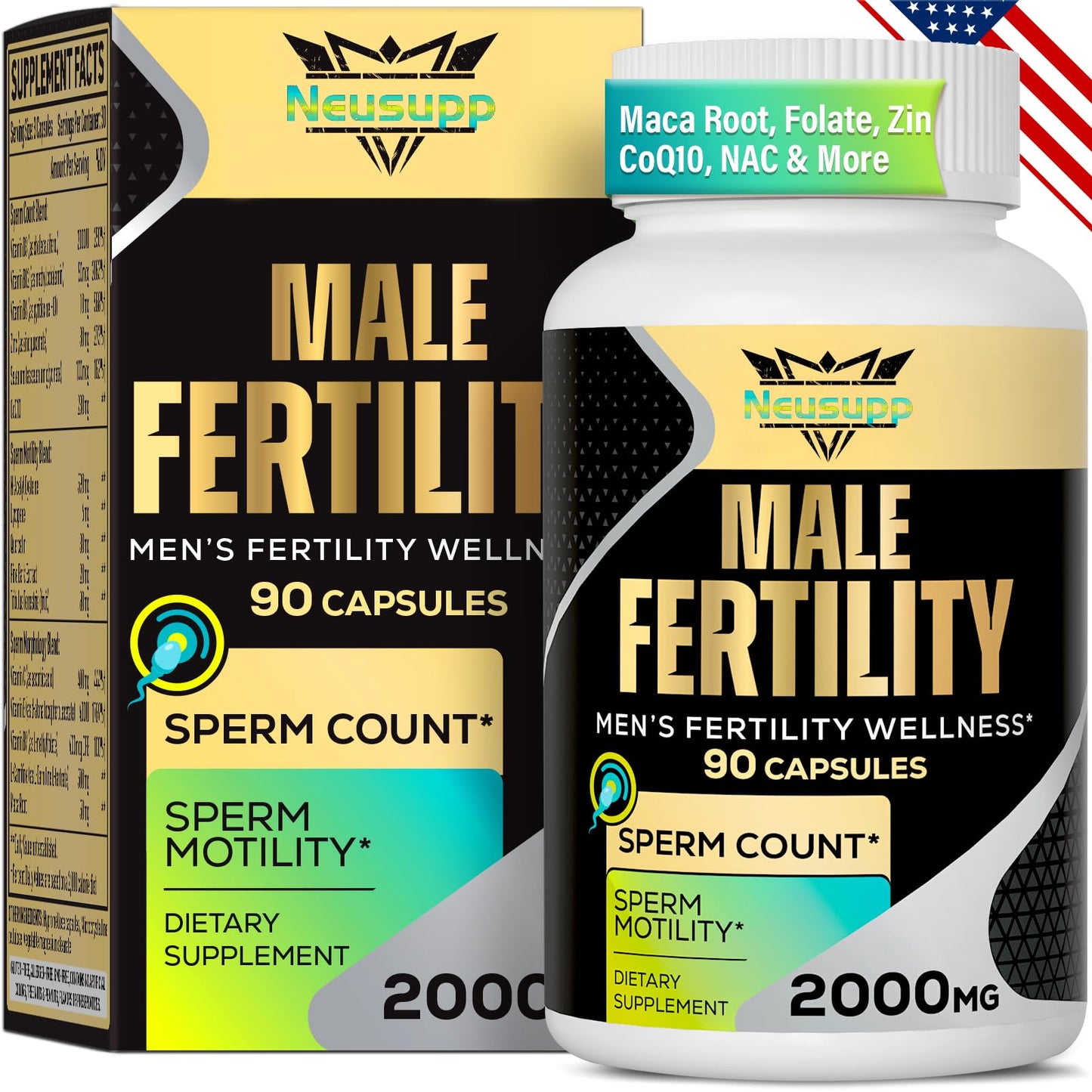 Fertility Supplements for Men – 2000mg Prenatal Vitamins for Sperm Count, Motility & Strength | CoQ10, Maca, Zinc, NAC, Folate – 90 Capsules