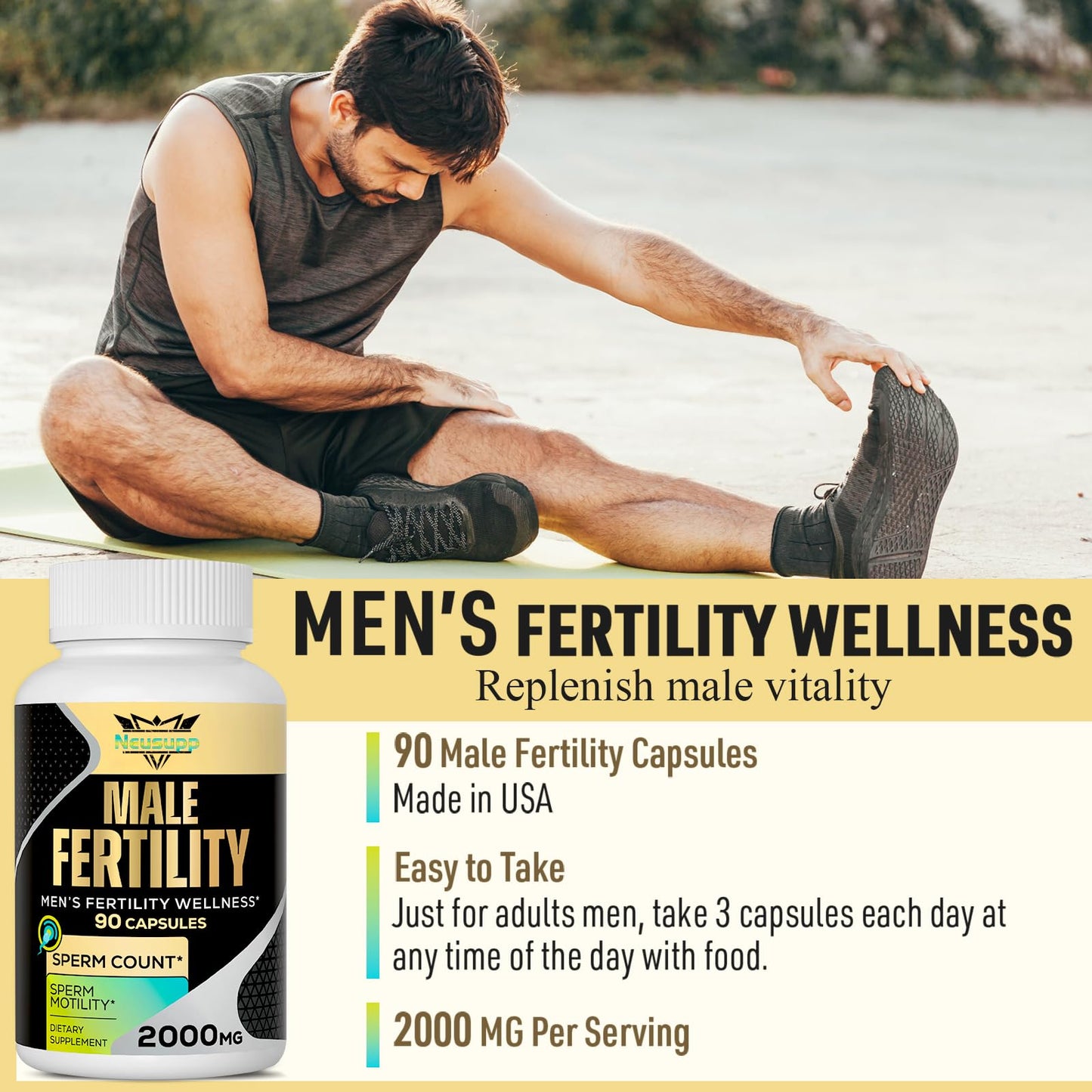 Fertility Supplements for Men – 2000mg Prenatal Vitamins for Sperm Count, Motility & Strength | CoQ10, Maca, Zinc, NAC, Folate – 90 Capsules