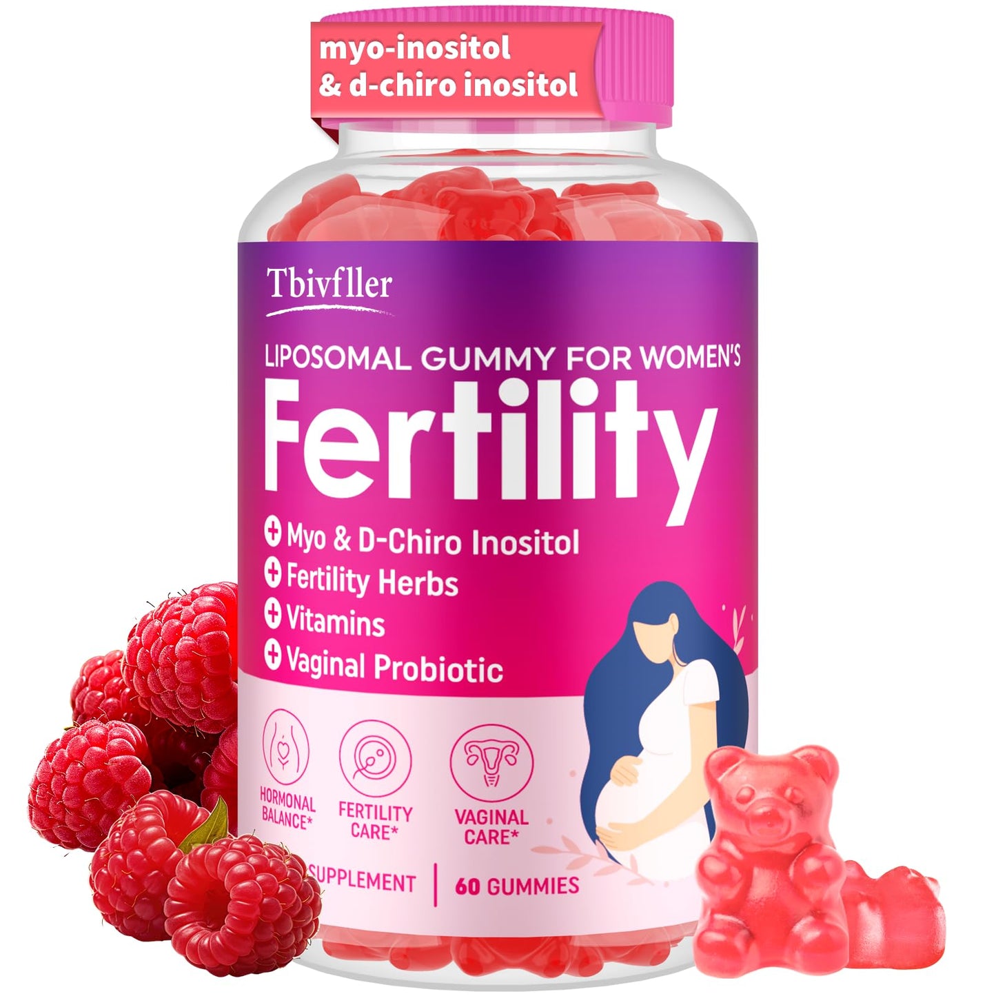 Fertility Supplements for Women – Prenatal Vitamins with Myo-Inositol & D-Chiro Inositol, 60 Raspberry Gummies