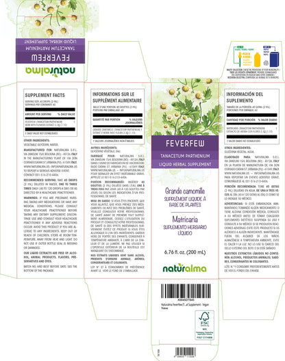 Naturalma Feverfew (Tanacetum parthenium) herb with Flowers Alcohol-Free Tincture - 6.76 fl oz Liquid Extract in Drops - Herbal Supplement - Vegan