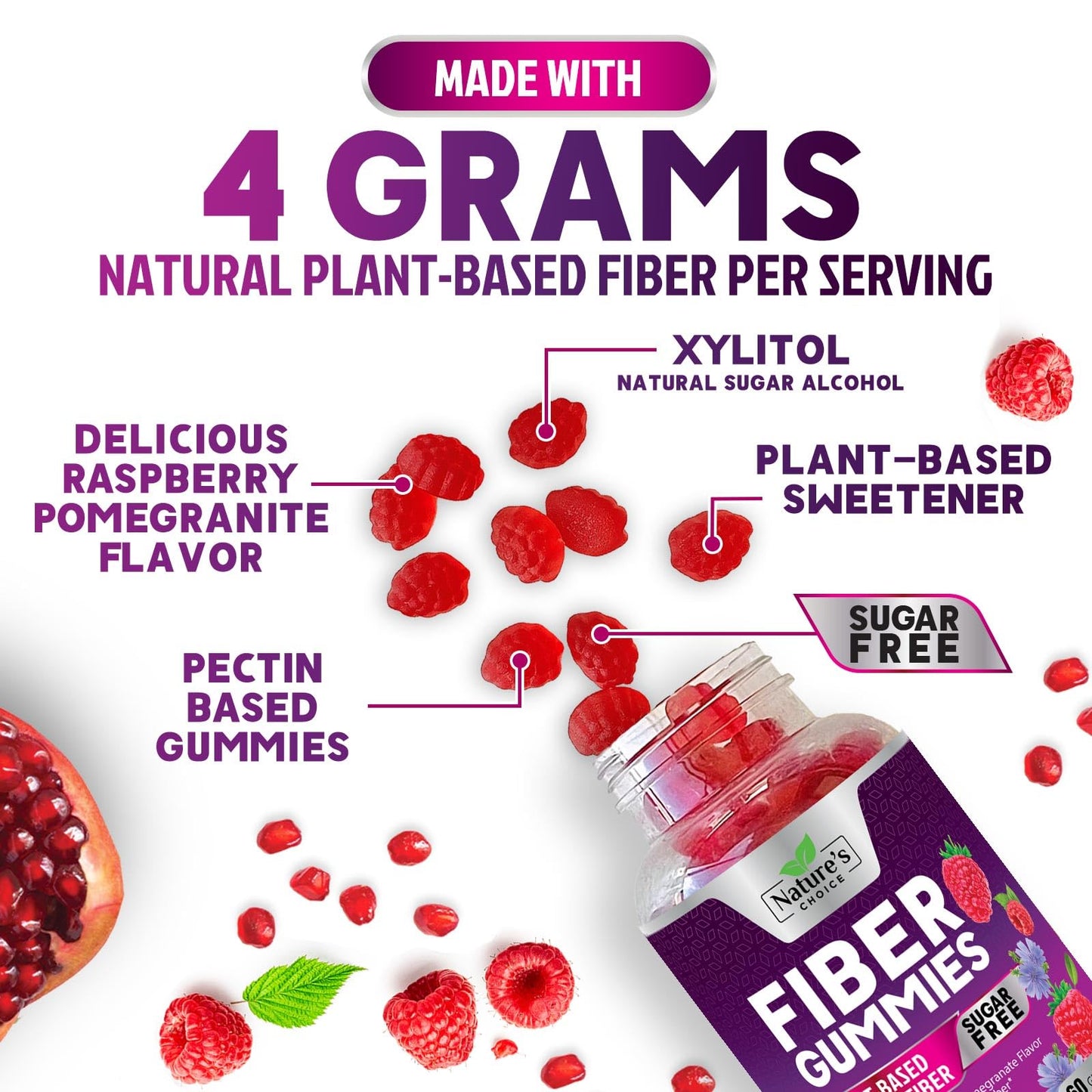 Fiber Gummies 4g - Sugar Free Prebiotic Fiber Gummies for Adults | 60 Gummies
