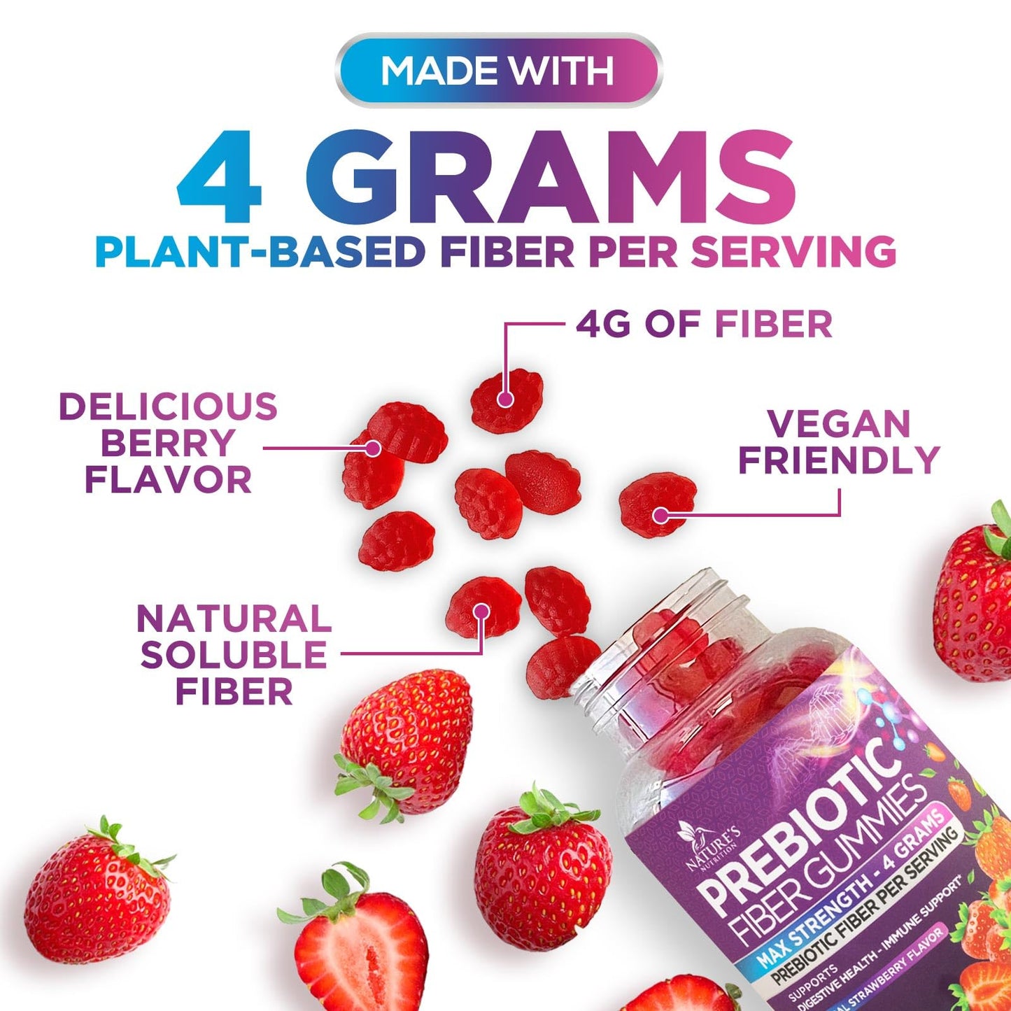 Fiber Gummies for Adults – 4g Daily Fiber, Prebiotic Digestive Health (Plant-Based, Non-GMO) – 60 Gummies