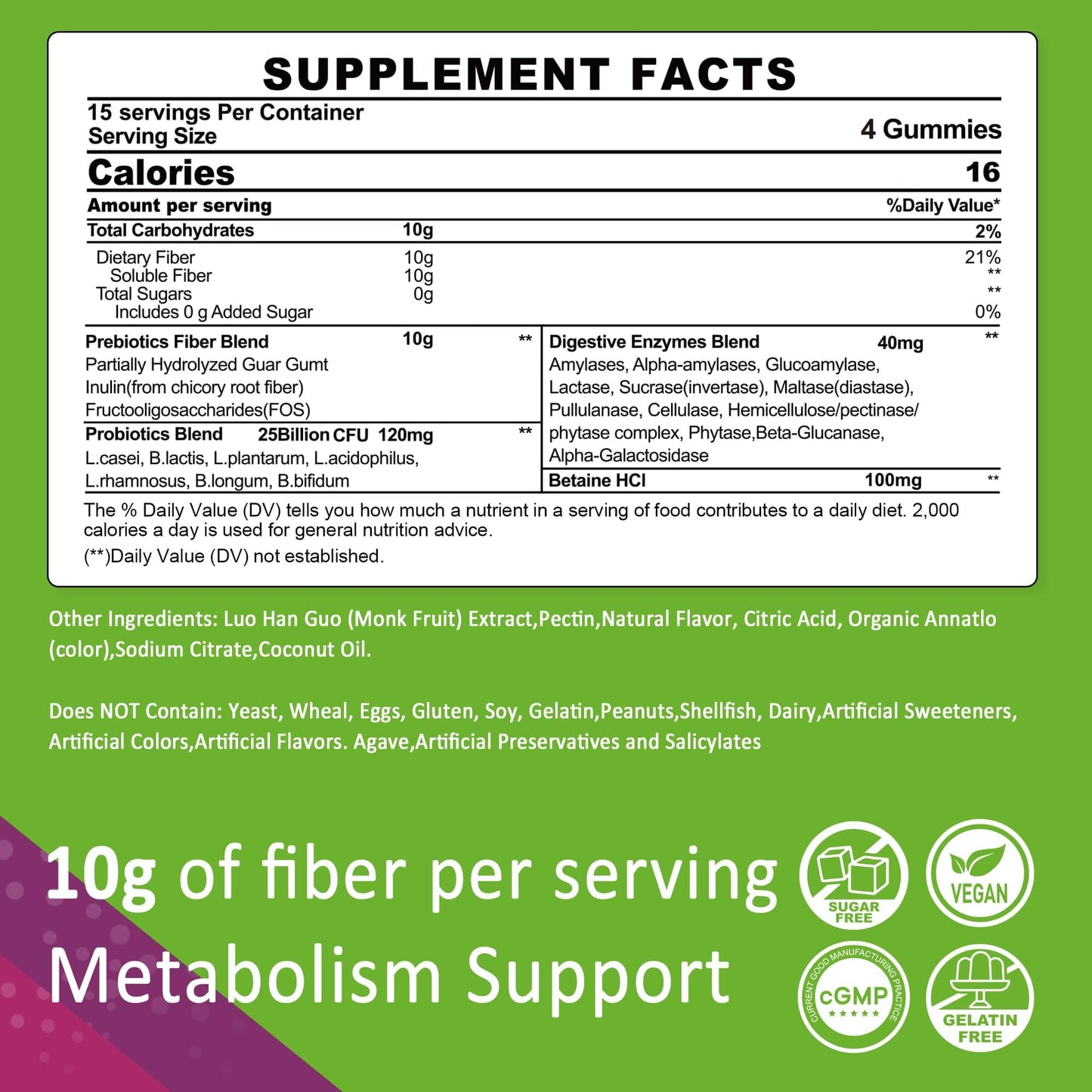 Fiber Gummies for Adults – Sugar Free 10g Prebiotic Fiber, Probiotics & Enzymes (120ct) – Vegan