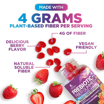 Fiber Gummies for Adults – 4g Daily Fiber Supplement | Plant-Based Prebiotic Gummy – Non-GMO 120 Gummies