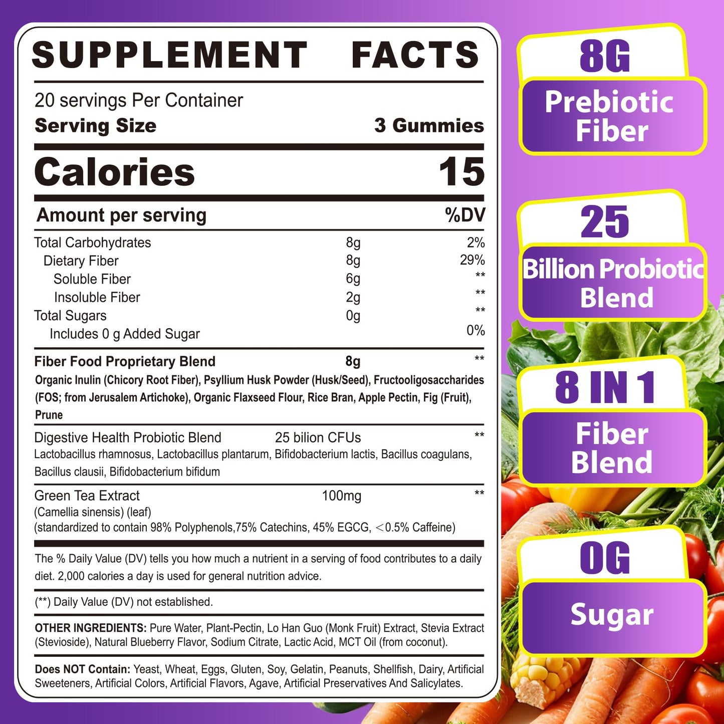 Fiber Gummies for Adults - 8g Daily Fiber, Probiotics & Green Tea