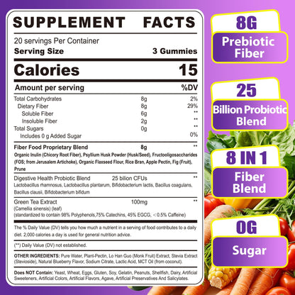 Fiber Gummies for Adults - 8g Daily Fiber, Probiotics & Green Tea
