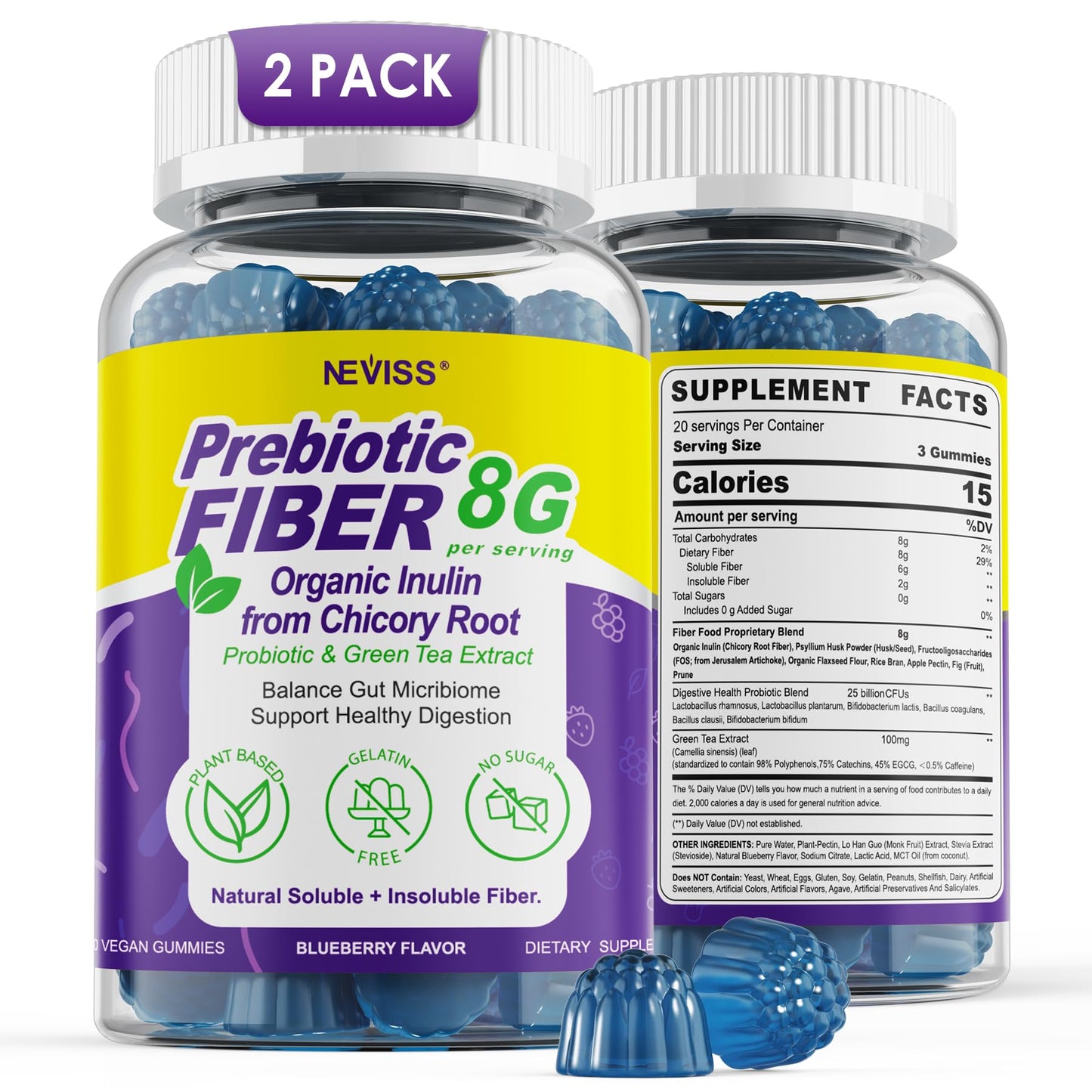 Fiber Gummies for Adults - 8g Daily Fiber, Probiotics & Green Tea
