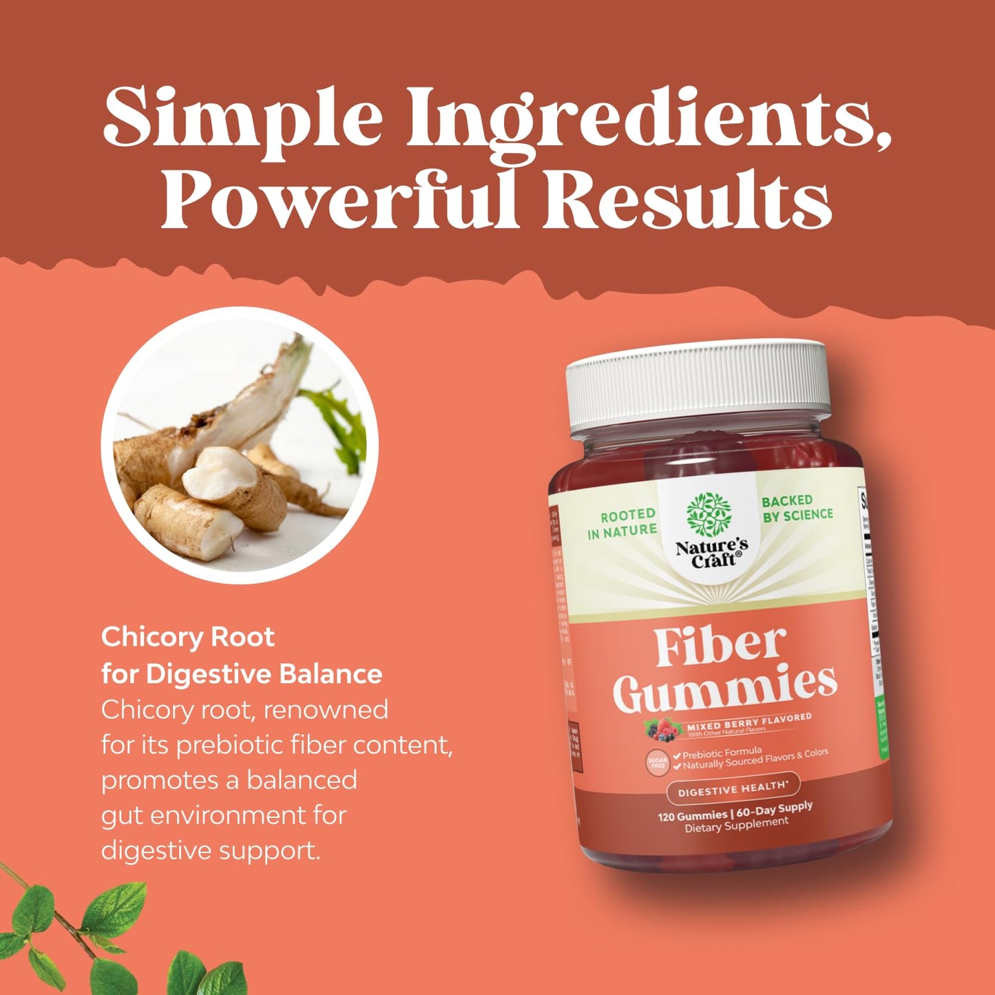 Fiber Gummies for Adults - Chicory Root Prebiotic Fiber | Sugar Free, Vegan, 120 Count