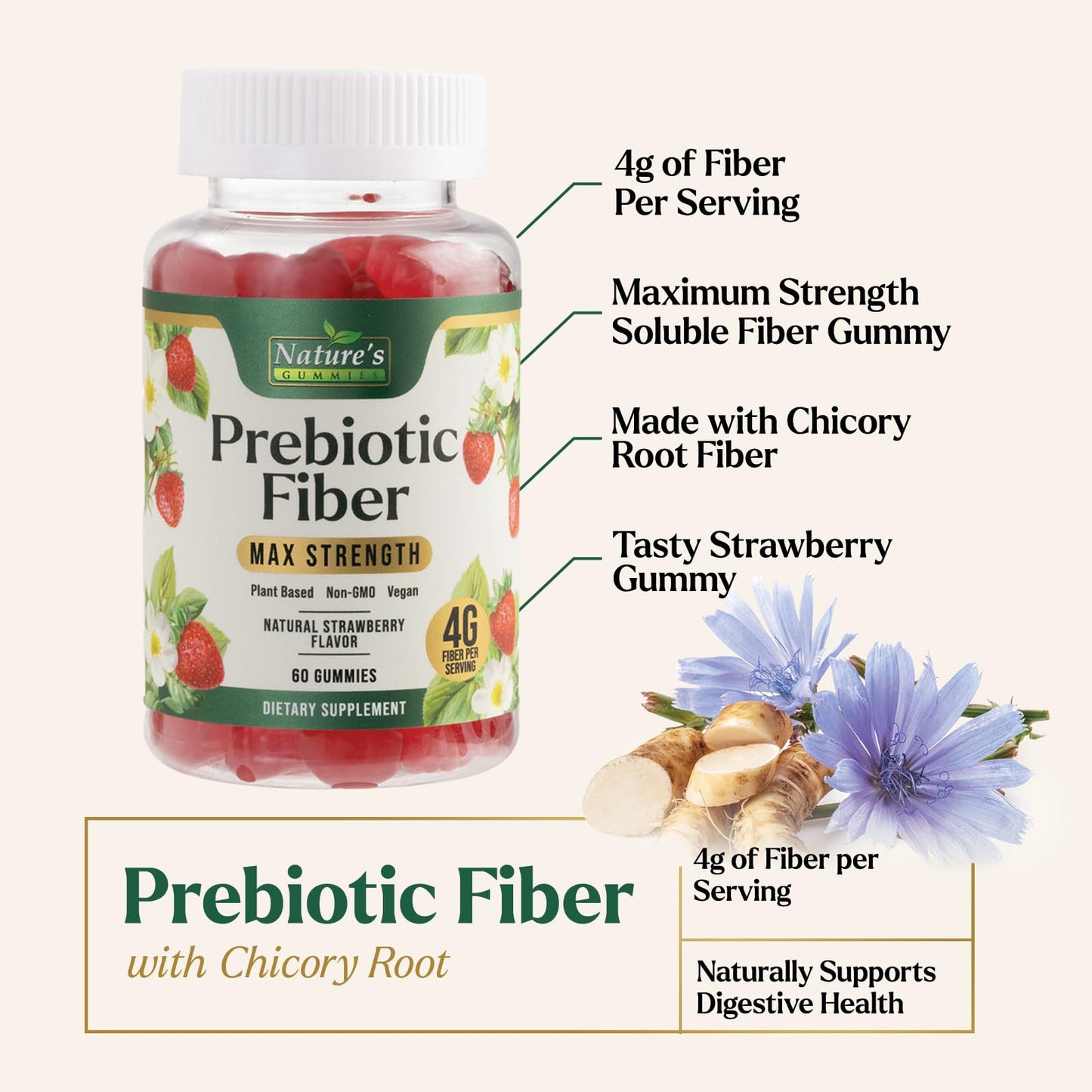 Fiber Gummies for Adults – 4g Daily Soluble Fiber, Plant-Based Prebiotic Gummy (60 Gummies)