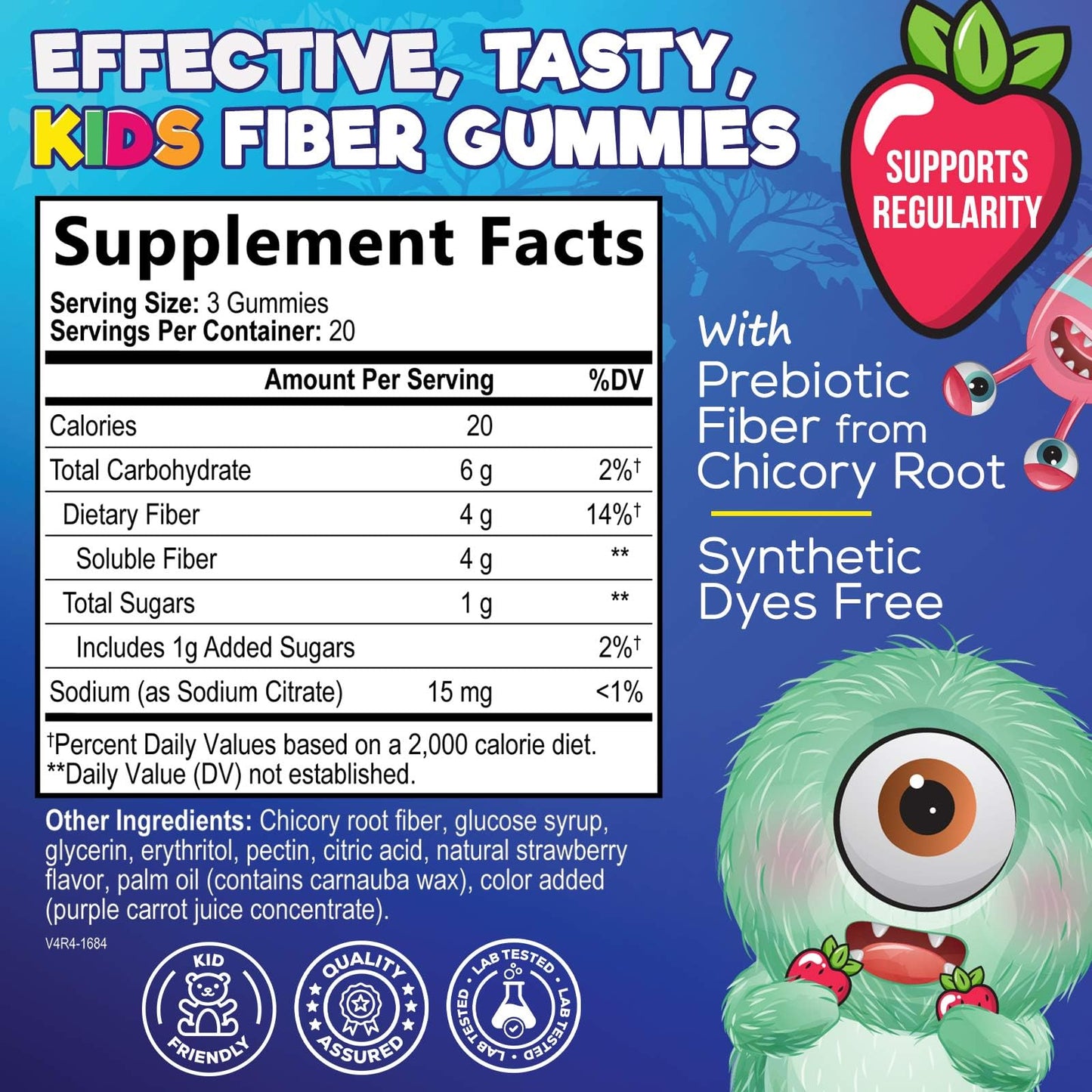 Fiber Gummies for Kids – 4g Daily Prebiotic Fiber (Plant-Based, Non-GMO) – 60 Gummies