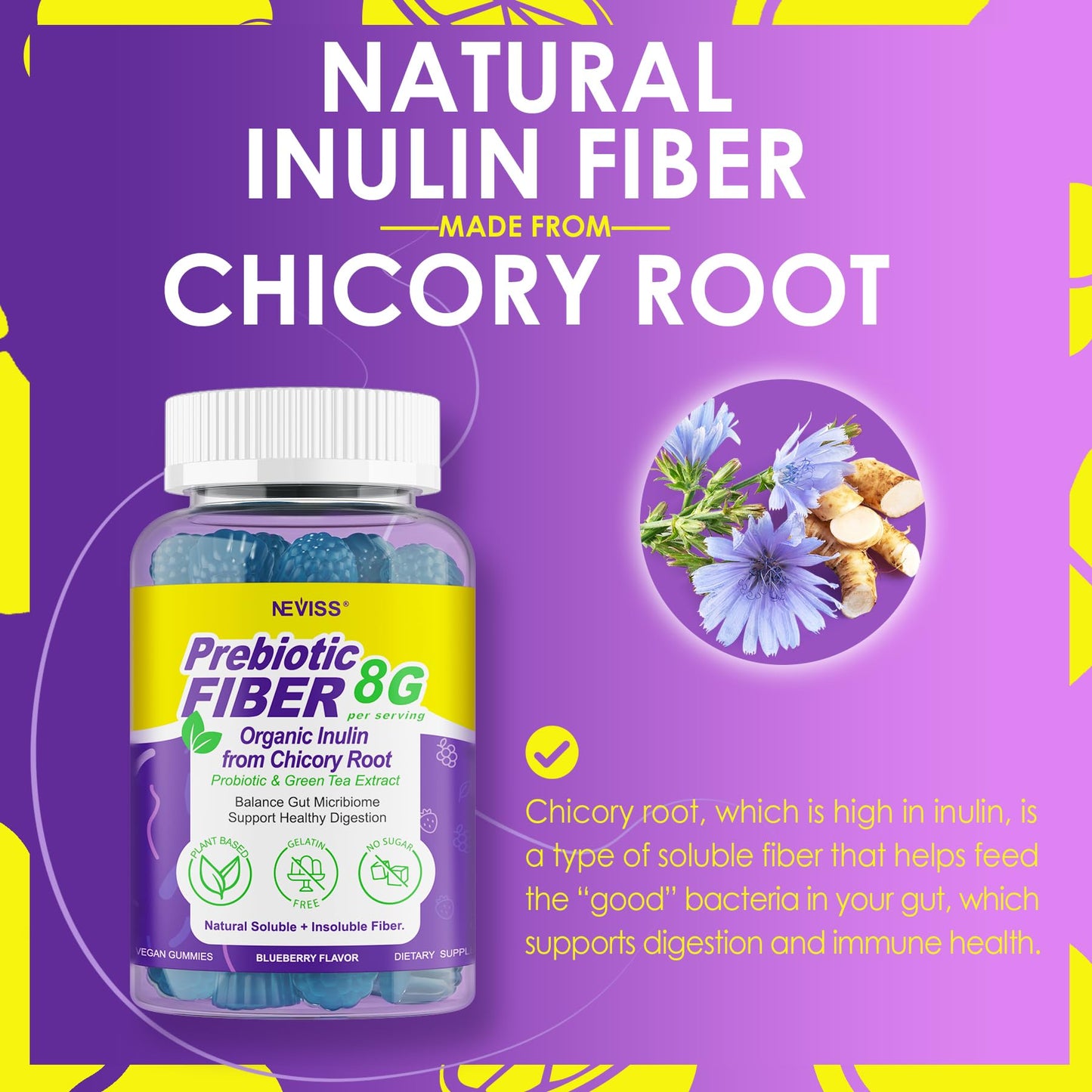 Fiber Gummies for Adults - 8g Daily Fiber, Probiotics & Green Tea