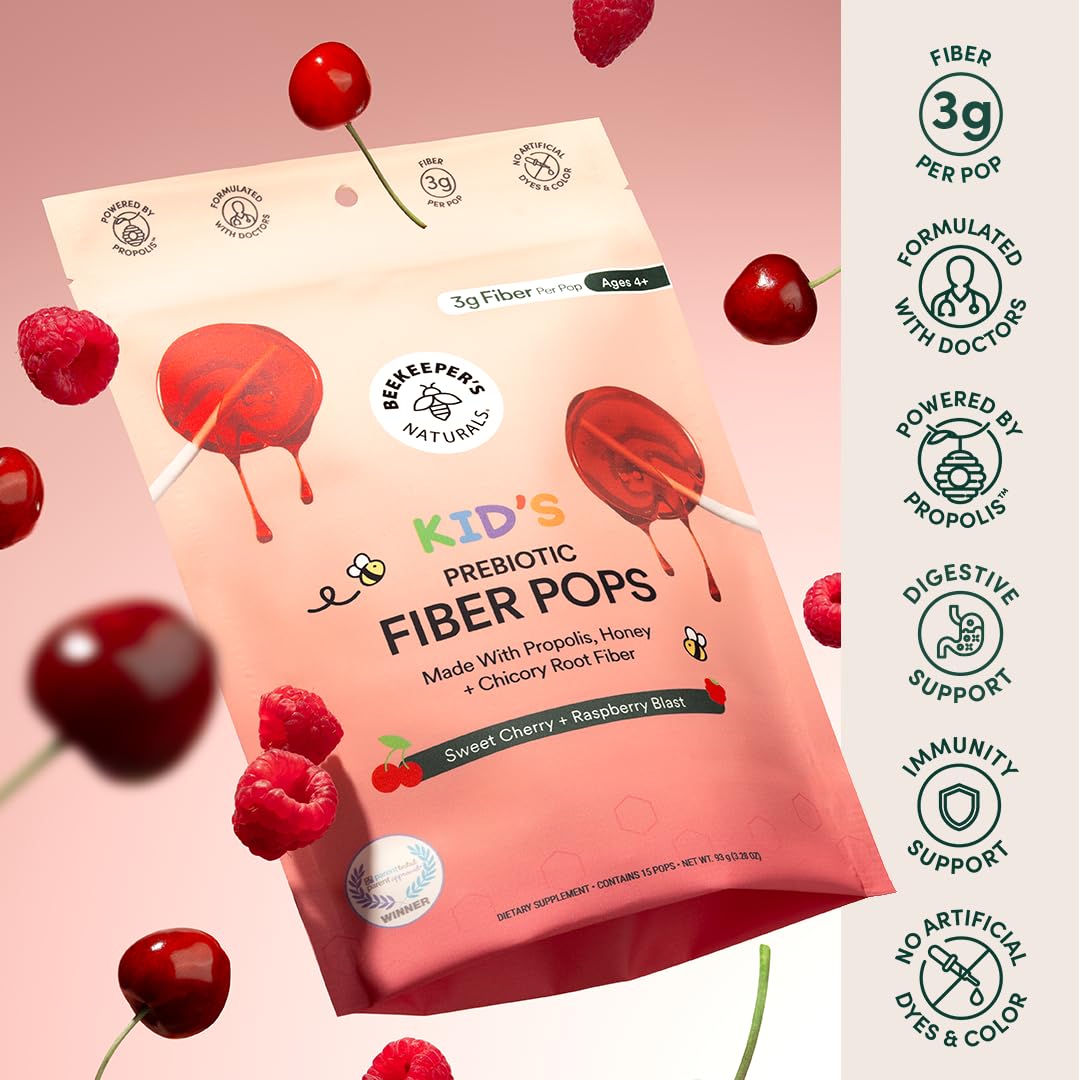 Kids Prebiotic Fiber Lollipops by Beekeeper's Naturals – Doctor Formulated, 3g Fiber per Pop (Raspberry Blast & Sweet Cherry), 15 ct