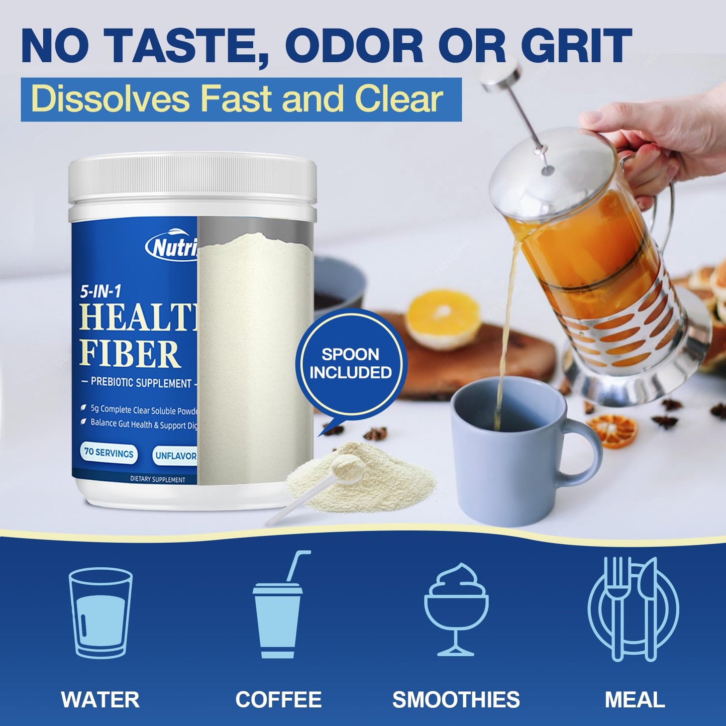 Fiber Supplement - Prebiotic 5g Soluble Fiber (Acacia & Inulin) | Gluten Free & Vegan | 70 Servings