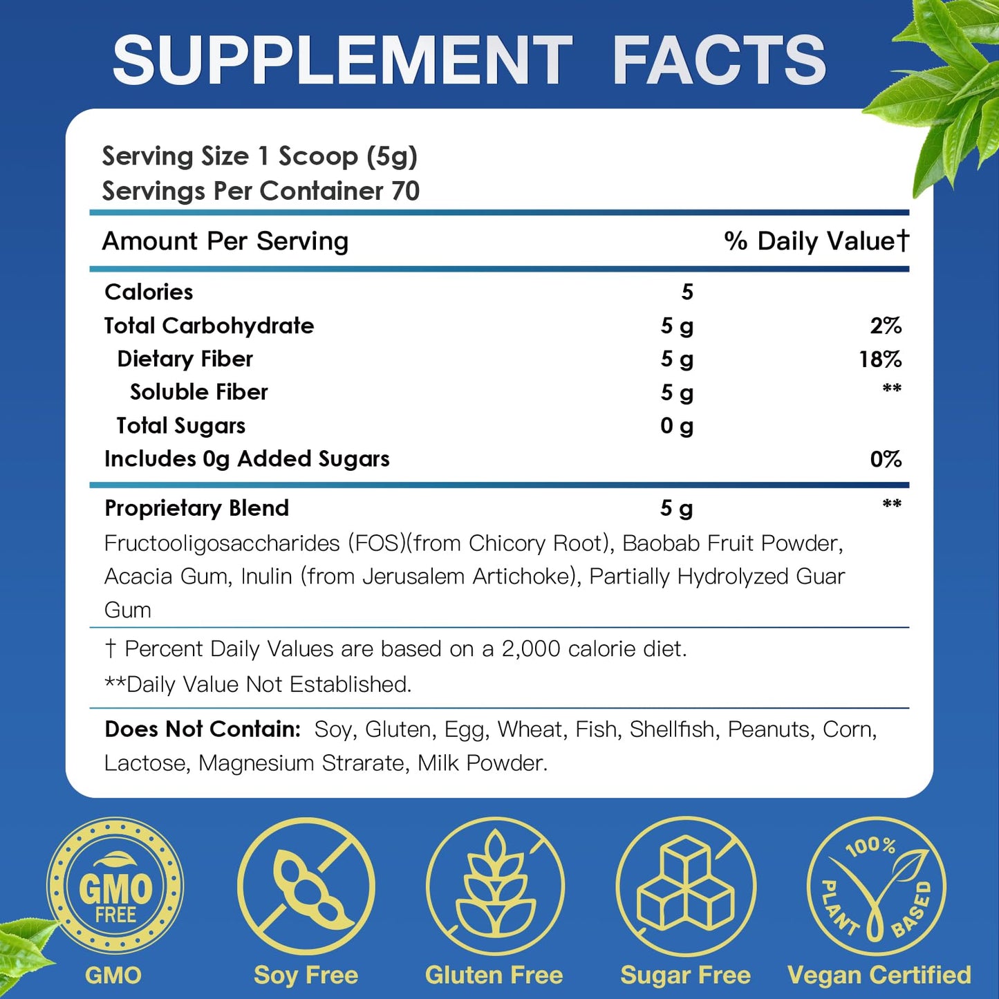 Fiber Supplement - Prebiotic 5g Soluble Fiber (Acacia & Inulin) | Gluten Free & Vegan | 70 Servings