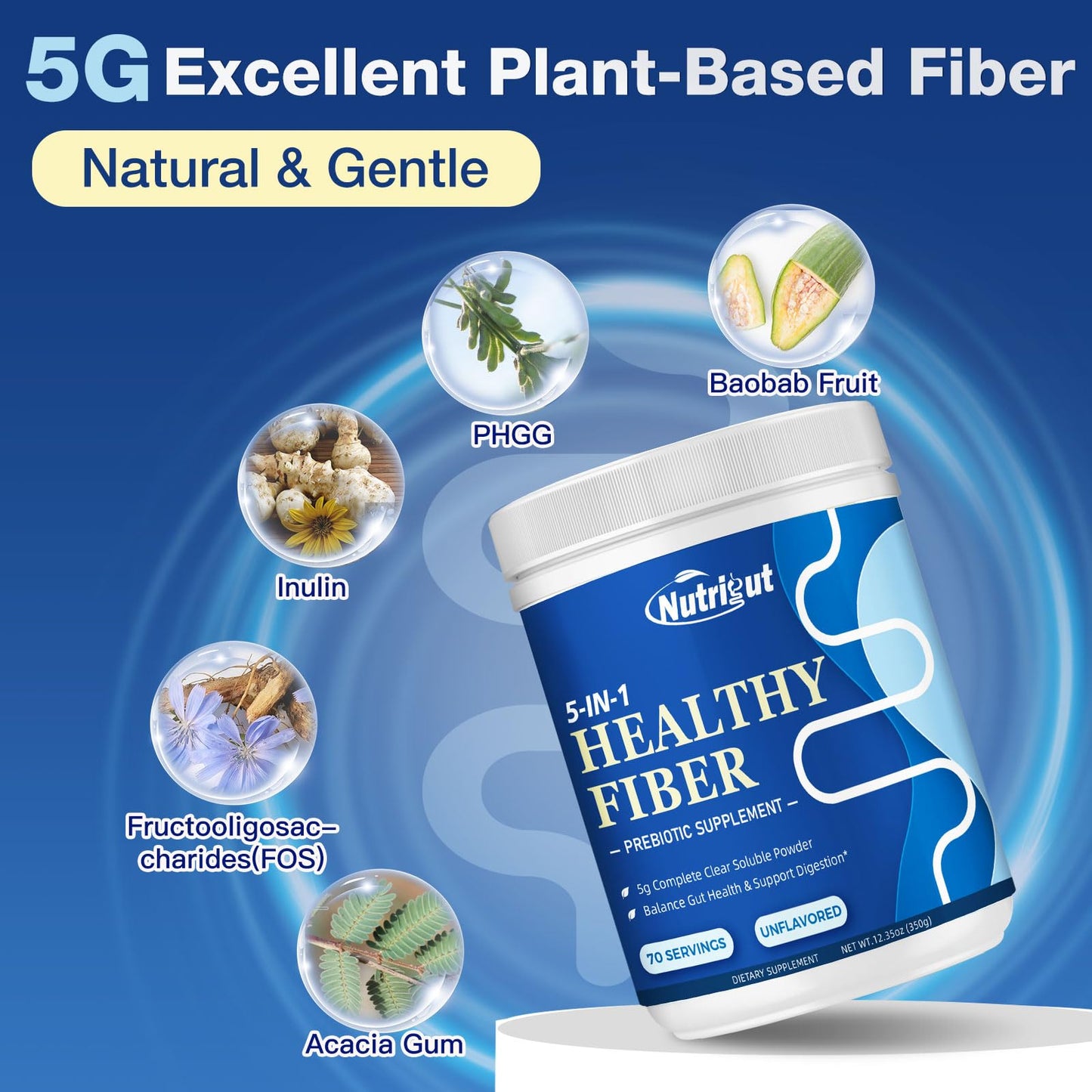 Fiber Supplement - Prebiotic 5g Soluble Fiber (Acacia & Inulin) | Gluten Free & Vegan | 70 Servings