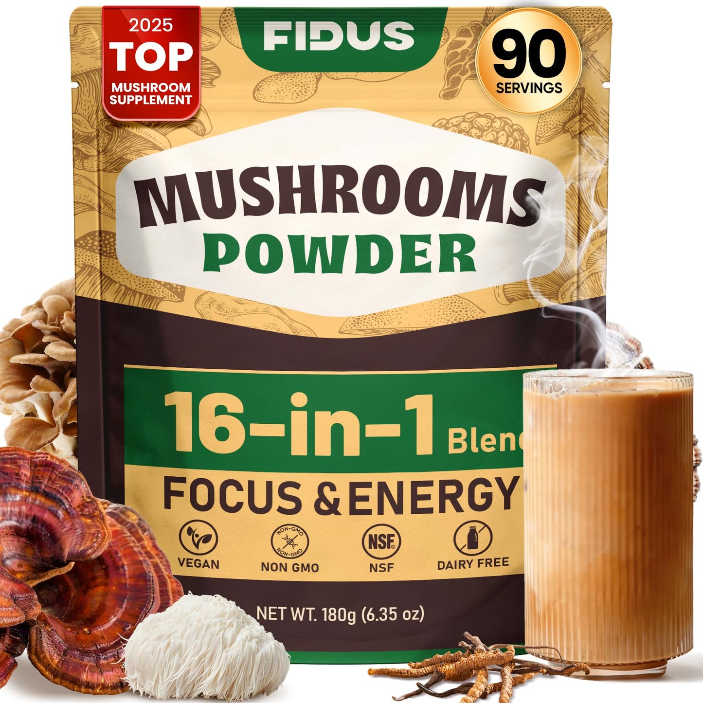 Fidus 16 Mushroom Powder – 17,300mg, 90 Servings | Immunity, Focus & Energy