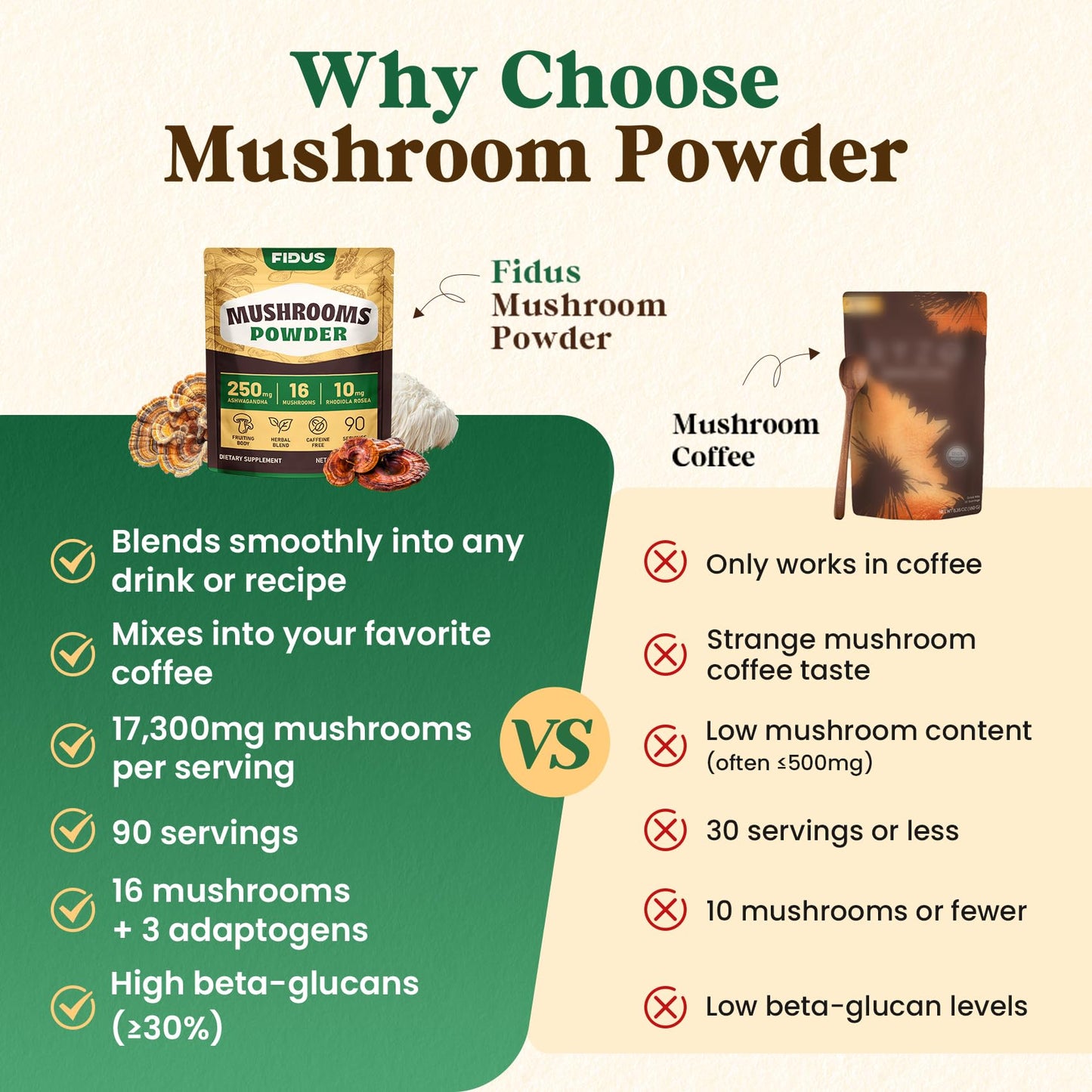 Fidus 16 Mushroom Powder – 17,300mg, 90 Servings | Immunity, Focus & Energy