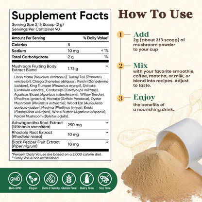 Fidus 16 Mushroom Powder – 17,300mg, 90 Servings | Immunity, Focus & Energy