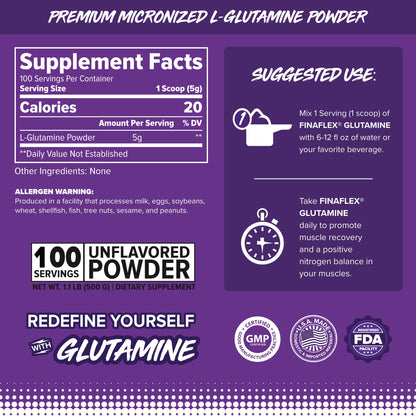 FINAFLEX Pure Glutamine, Unflavored - 1.1 lb | 100 Servings | Muscle Recovery