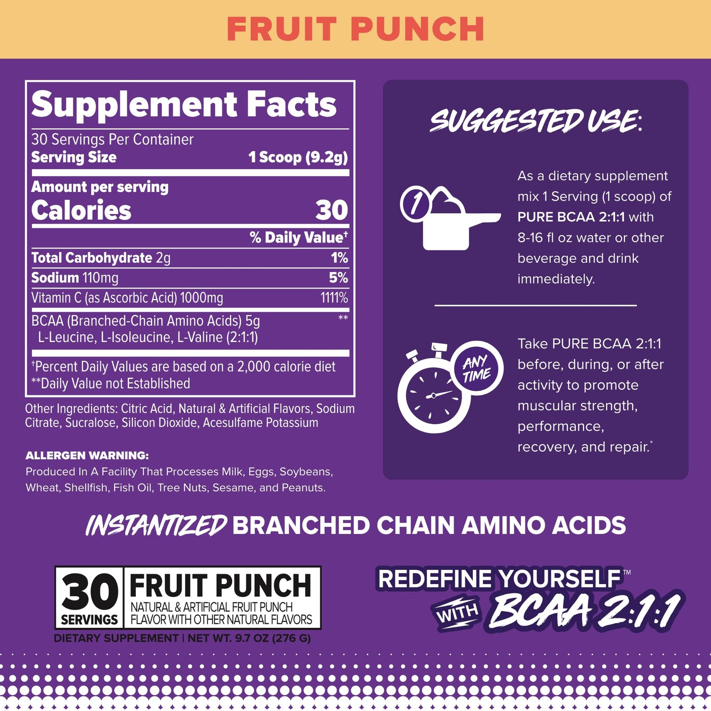 FINAFLEX Pure BCAA 2:1:1 Fruit Punch – 9.7 oz, 30 Servings | Strength, Recovery & Performance