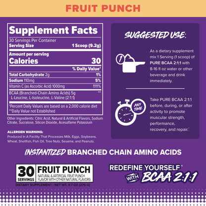 FINAFLEX Pure BCAA 2:1:1 Fruit Punch – 9.7 oz, 30 Servings | Strength, Recovery & Performance
