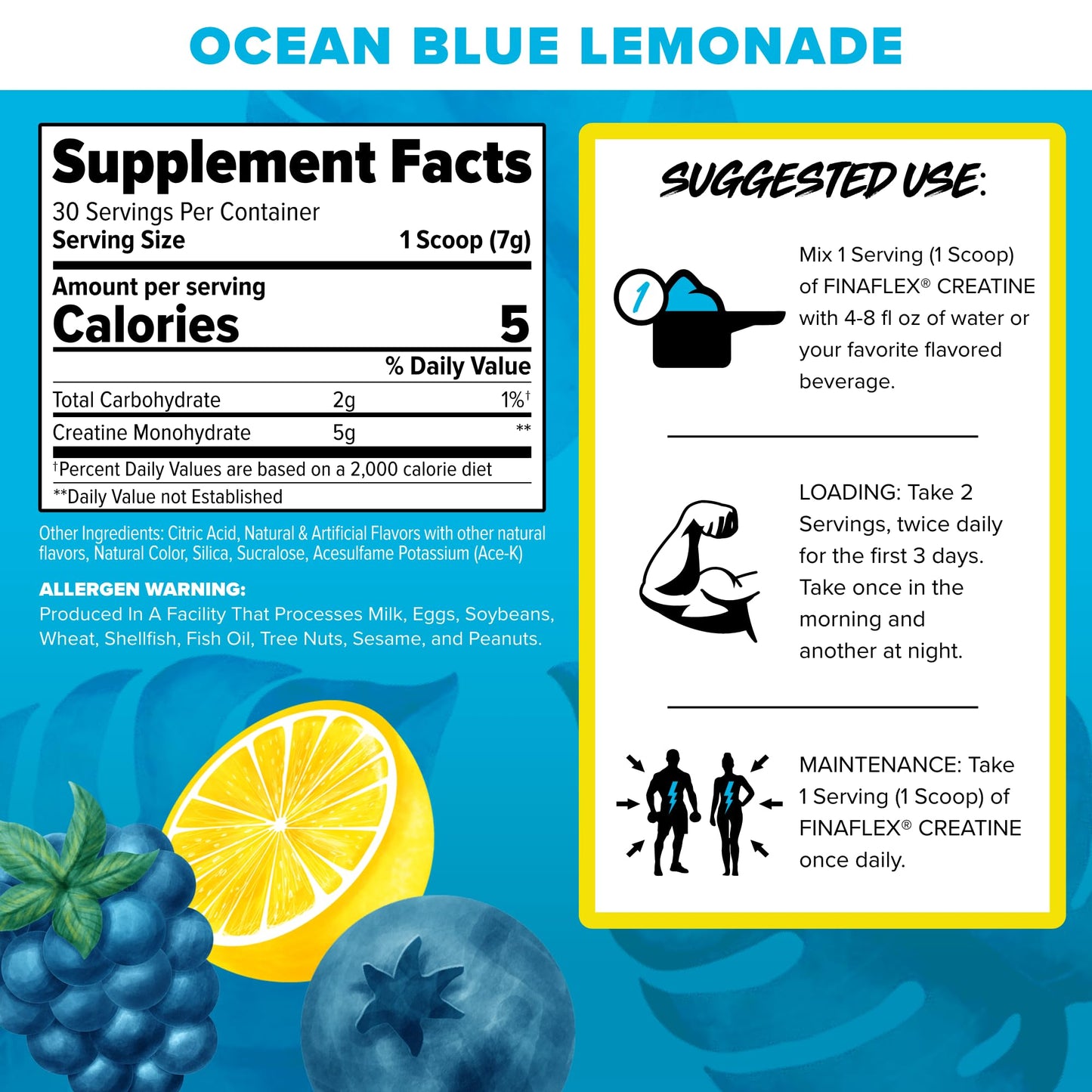 FINAFLEX Pure Creatine + Calypso Ocean Blue Lemonade – 7.5 oz, 30 Servings | 5g Creatine Monohydrate