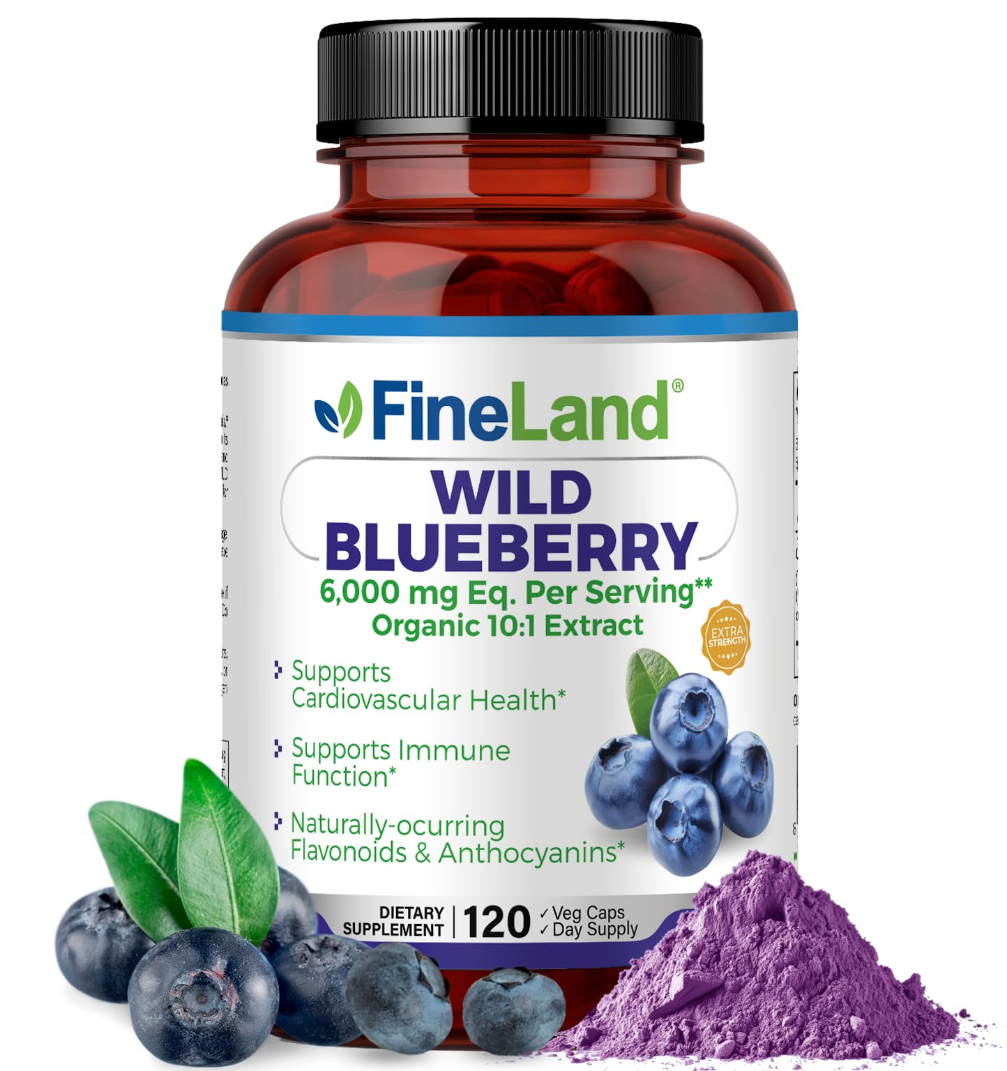FineLand Wild Blueberry 10:1 Extract – 6,000 mg/Serving, 120 Vegan Capsules | Non-GMO, Made in USA