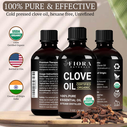 Organic Clove Essential Oil – 100% Pure, USDA Certified Clove Bud Oil for Teeth & Gums, Toothache Relief, Hair Growth & Aromatherapy – Premium Cloves Oil for DIY Wellness by Fiora Naturals