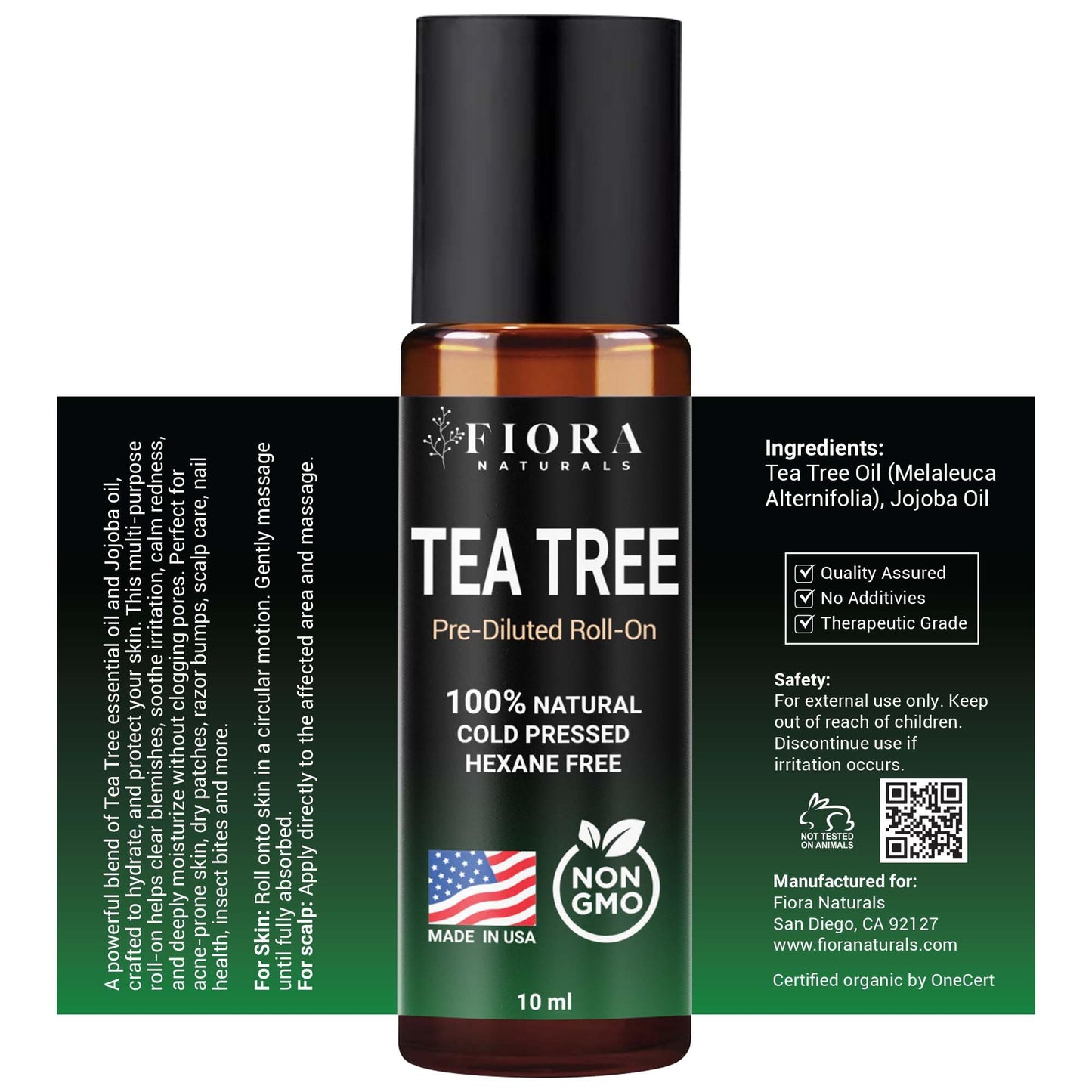 Fiora Naturals Tea Tree Oil Roll-On – 100% Natural Essential Oil for Skin, Acne & Aromatherapy