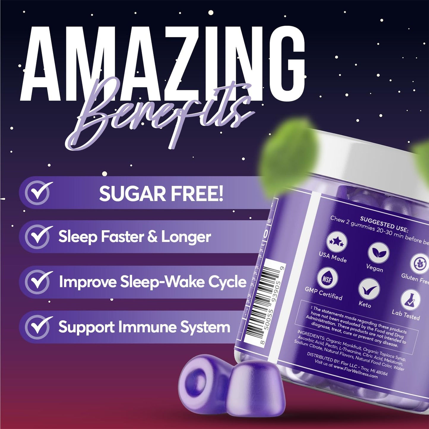 FIOR Sugar Free Sleep Gummies 120-Count 1 Melatonin & L-Theanine for Adults & Kids