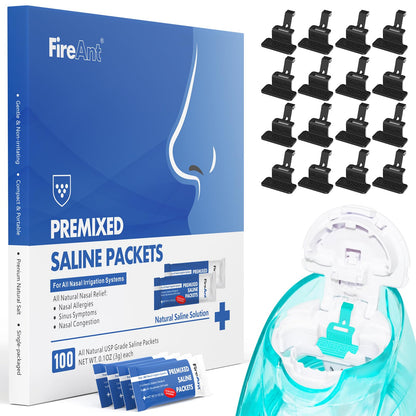 FireAnt 100 Saline Packets + 16 Silicone Pods Refills for Navage Nasal Care
