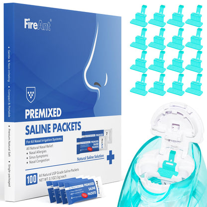 FireAnt 100 Saline Packets & 16 Silicone Pods Refills Set for Navage Nasal Care
