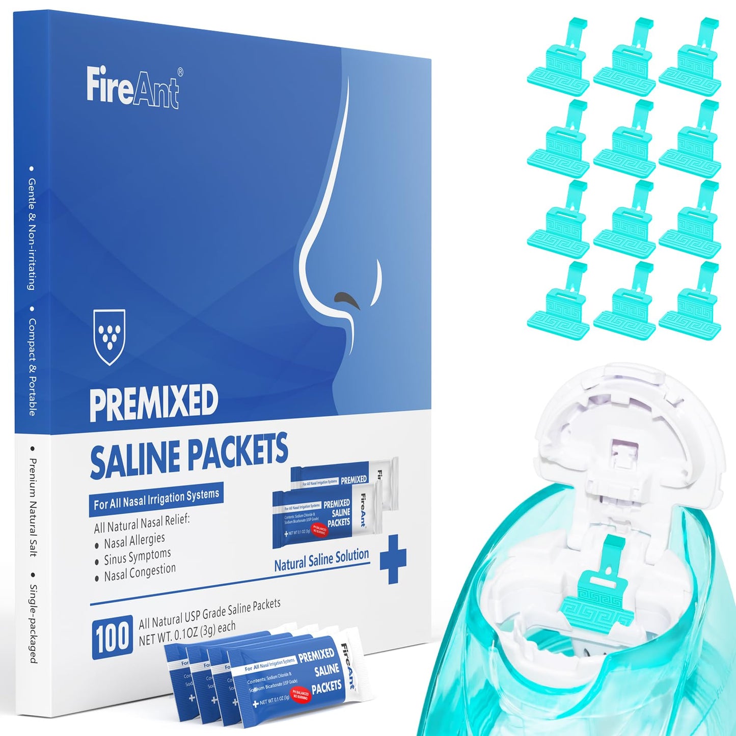 FireAnt 100 Saline Packets + 12 Reusable Navage Pods for Nasal Care