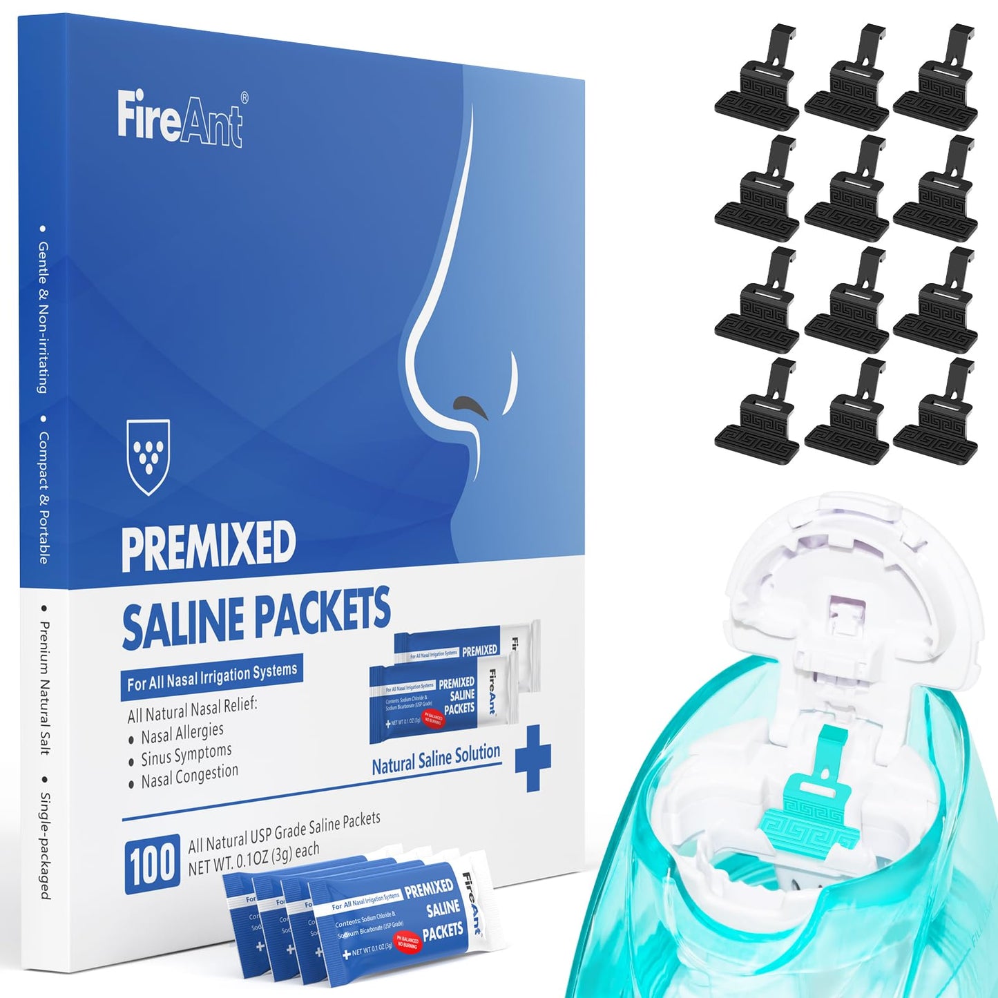 FireAnt 100 Saline Packets & 12 Silicone Pods for Navage Nasal Care