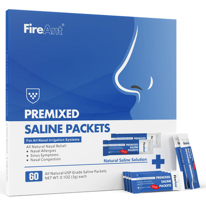 FireAnt Saline Packets for Nasal Rinse – 60 Premixed, PH-Balanced, Pharmaceutical Grade