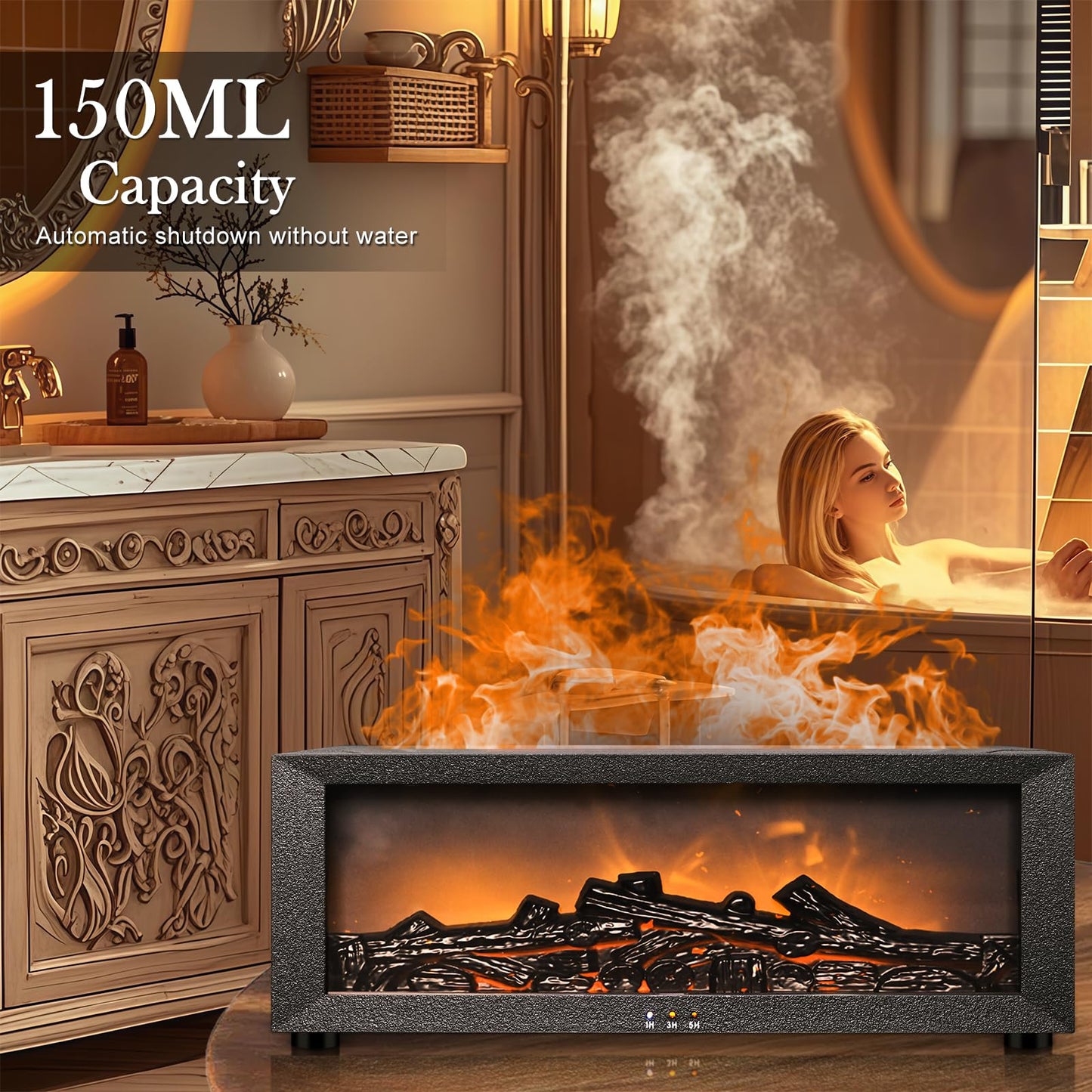 Fireplace Aroma Diffuser with Remote – 7-Color LED Flame, Essential Oil Diffuser, 1/3/5h Timers