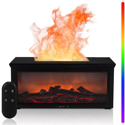 Fireplace Flame Diffuser Humidifier - 7-Color Flame, Ultrasonic Aroma, Remote, Auto-Off (Black)