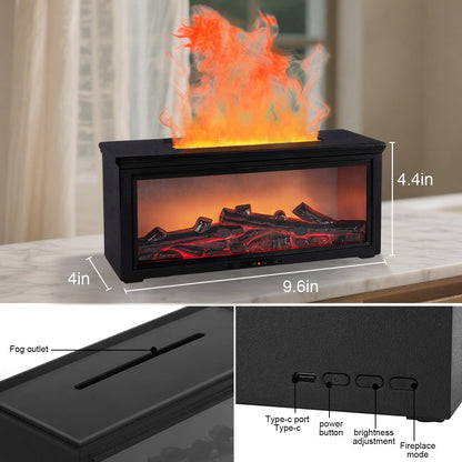 Fireplace Flame Diffuser Humidifier - 7-Color Flame, Ultrasonic Aroma, Remote, Auto-Off (Black)
