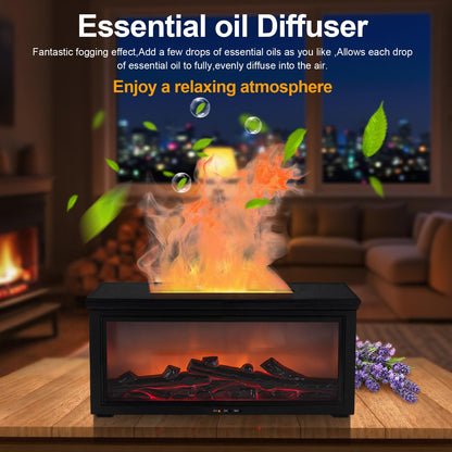 Fireplace Flame Diffuser Humidifier - 7-Color Flame, Ultrasonic Aroma, Remote, Auto-Off (Black)