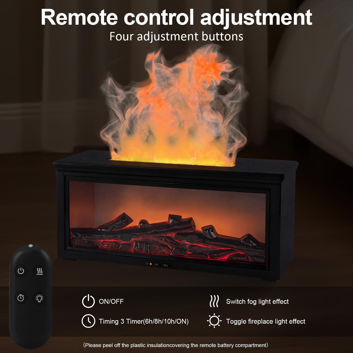 Fireplace Flame Diffuser Humidifier - 7-Color Flame, Ultrasonic Aroma, Remote, Auto-Off (Black)