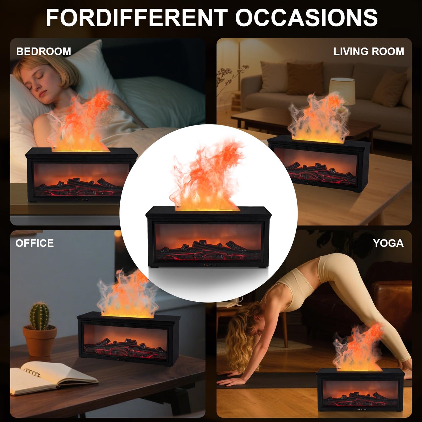 Fireplace Flame Diffuser Humidifier - 7-Color Flame, Ultrasonic Aroma, Remote, Auto-Off (Black)