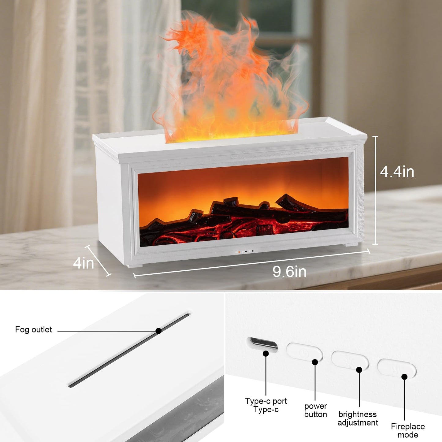 Fireplace Essential Oil Diffuser Humidifier – Ultrasonic Aroma with 7-Color Flame, Remote & Auto-Off (White)
